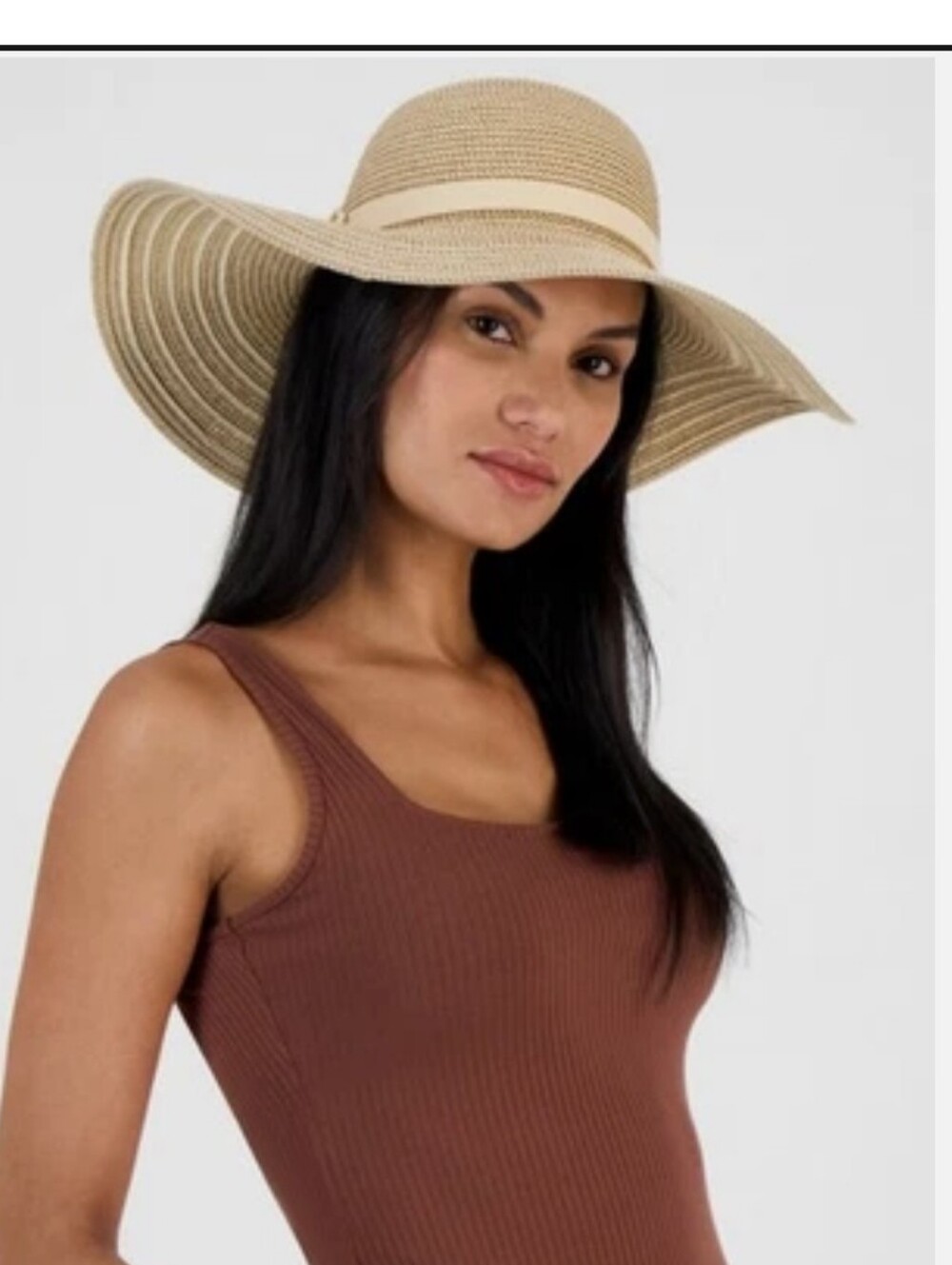 INC International Concepts Wide-Brim Straw Sun Hat in Beige with Ribbon